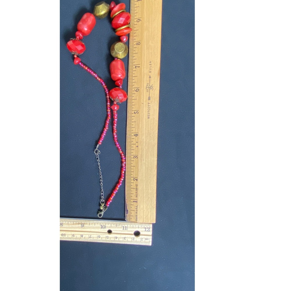 Red Beaded Necklace with Gold Accents and Chain Extender - Fashion Jewelry